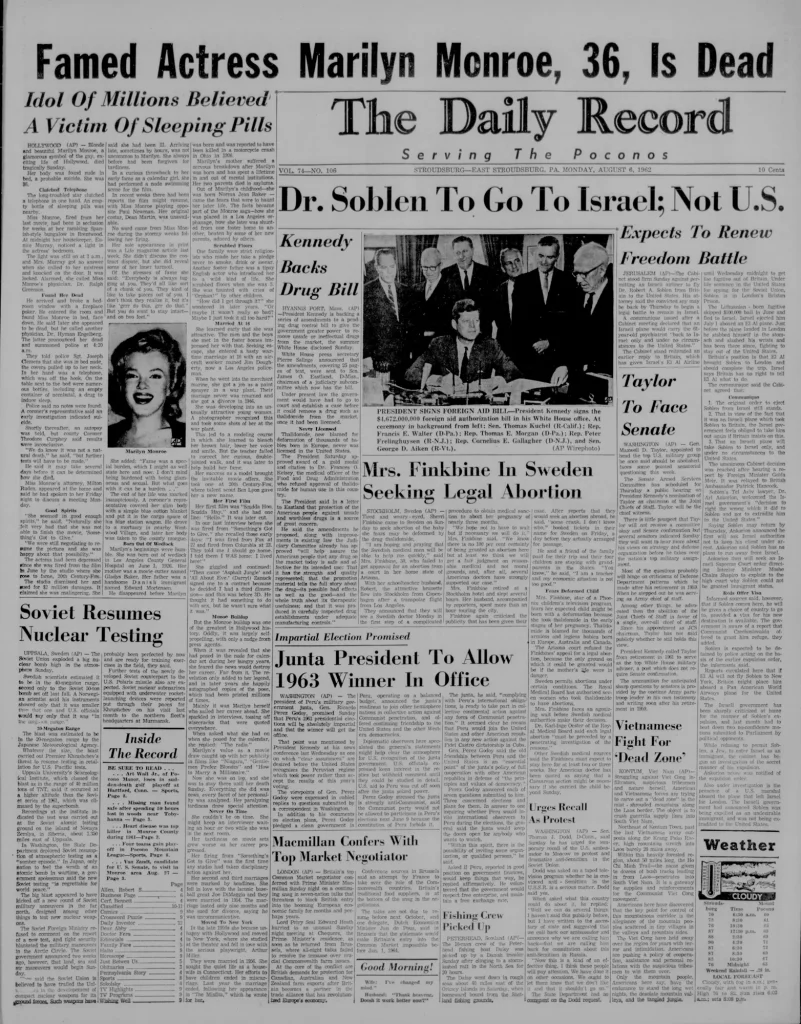 Первая полоса Daily Record 6 августа 1962 года: смерть Мэрилин Монро