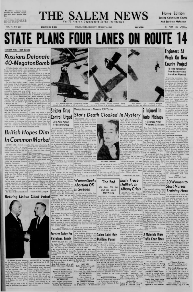 Первая полоса Salem News 6 августа 1962 года о загадочной смерти Мэрилин Монро