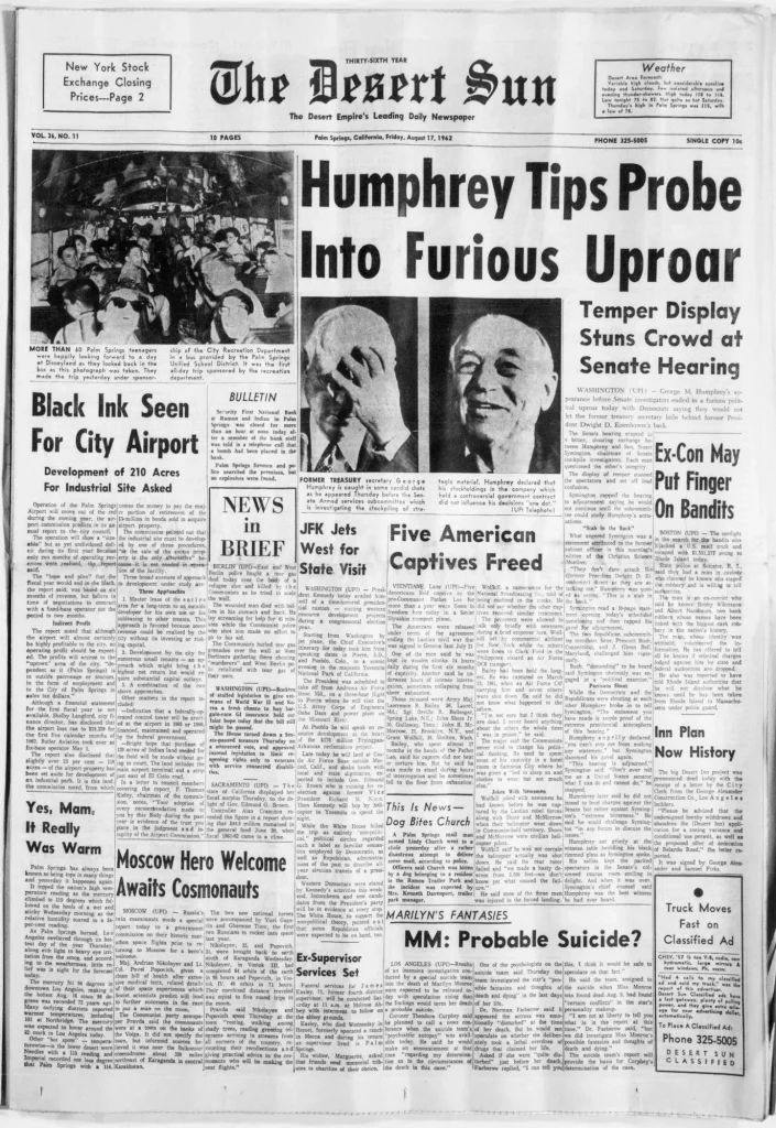 Первая полоса Desert Sun 17 августа 1962 года: группа психиатров о смерти Мэрилин Монро