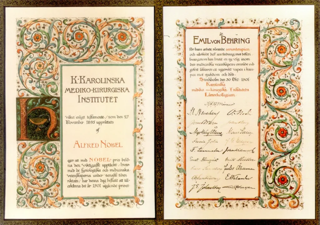 Нобелевский диплом Эмиля фон Беринга 1901 года, оформленный Аги Линдегреном