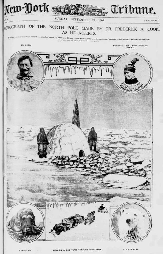 Полоса New-York Tribune 26 сентября 1909 года со снимком полюса, сделанным, по словам Кука, им самим