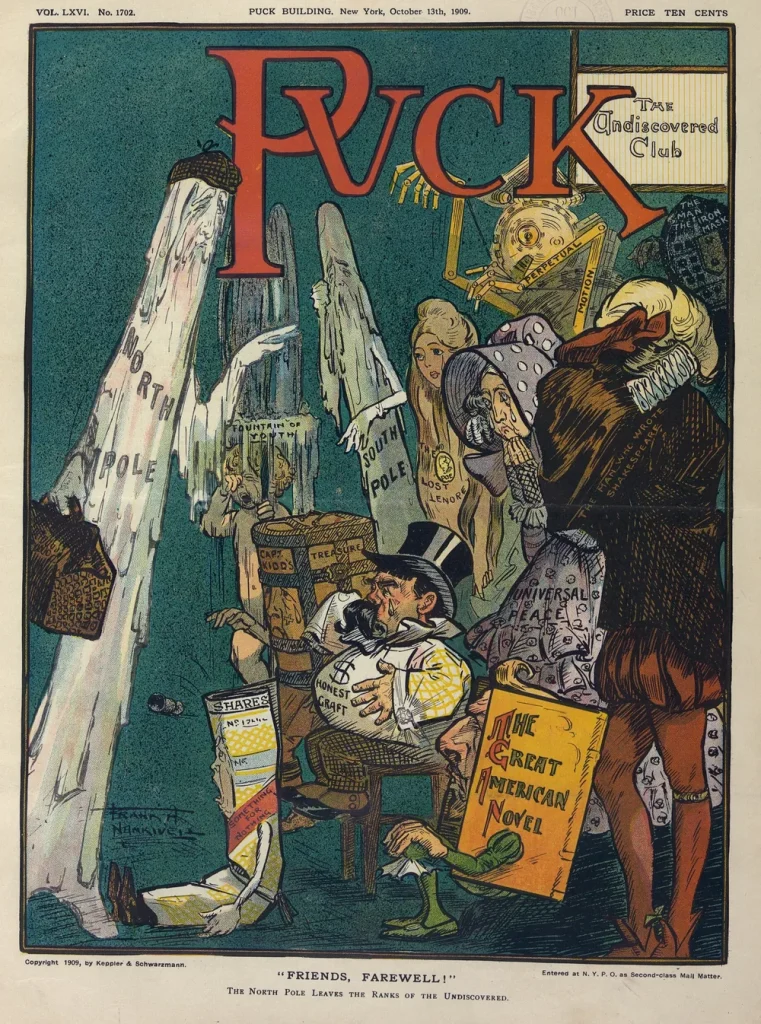 Обложка журнала Puck 13 октября 1909 года: Северный полюс покидает клуб неоткрытых