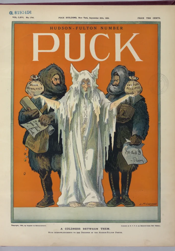 Обложка журнала Puck 29 сентября 1909 года: Кук и Пири по бокам от призрака Северного полюса