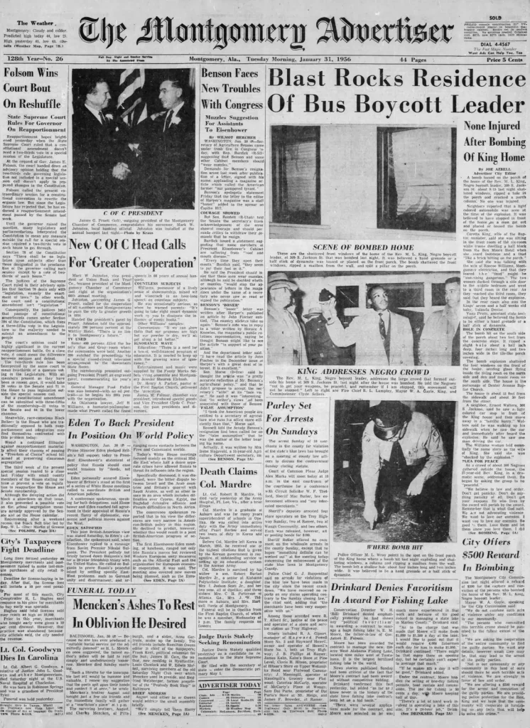 Первая полоса Montgomery Advertiser 31 января 1956 года о взрыве у дома Кинга