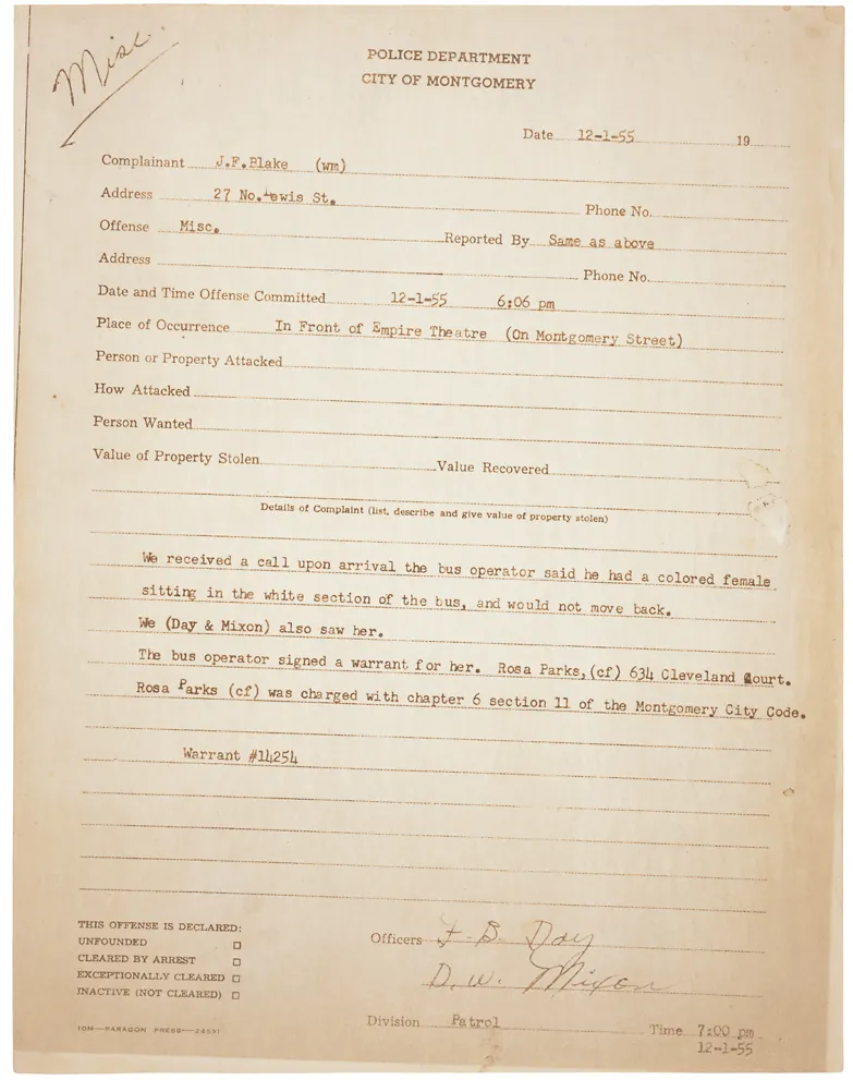 Полицейский протокол об аресте Розы Паркс 1 декабря 1955 года