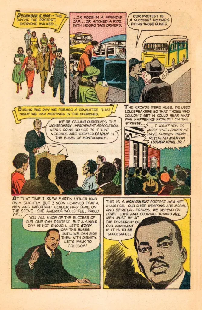 Страница комикса 1957 года о первых днях бойкота в Монтгомери