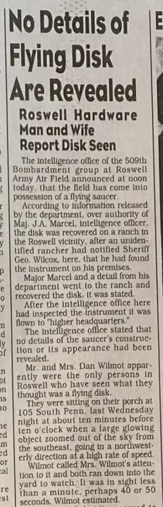 Колонка Roswell Daily Record 8 июля 1947 года «No Details of Flying Disk Are Revealed» о майоре Марселе и супругах Уилмот