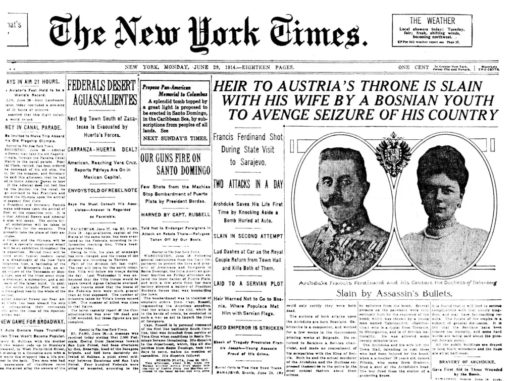 Первая полоса The New York Times от 29 июня 1914 года с портретами эрцгерцога и герцогини