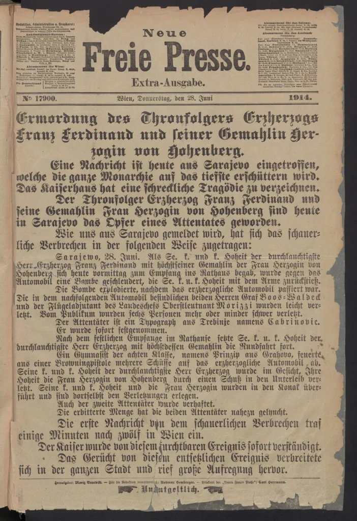 Первая полоса экстренного выпуска газеты Neue Freie Presse от 28 июня 1914 года с заголовком готическим шрифтом об убийстве престолонаследника