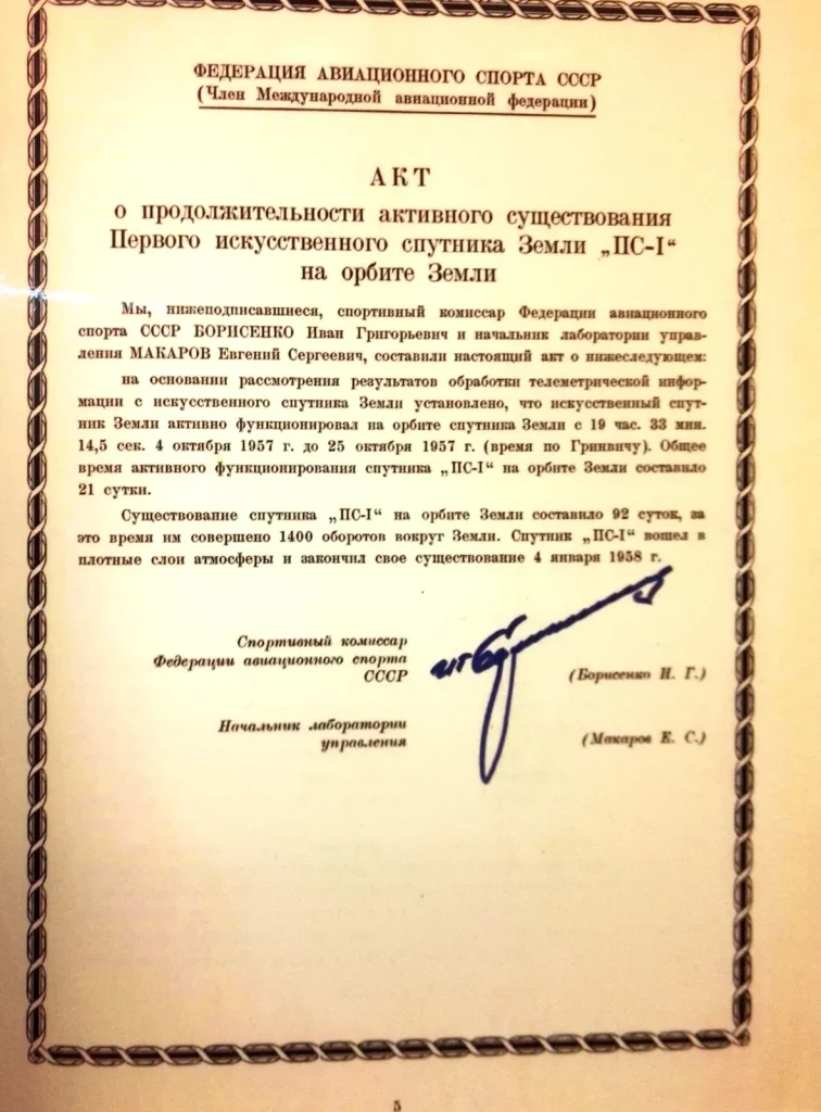 Акт Федерации авиационного спорта СССР о продолжительности существования первого искусственного спутника Земли ПС-1