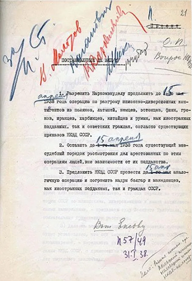 Постановление Политбюро от 31 января 1938 года о продлении национальных операций НКВД с подписями Сталина и других членов Политбюро