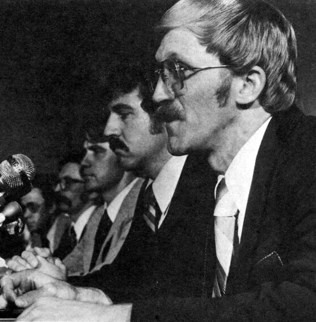 Операторы второго блока Шейман, Зеве, Фредерик и Фауст дают показания Комиссии Кемени, 1979 год