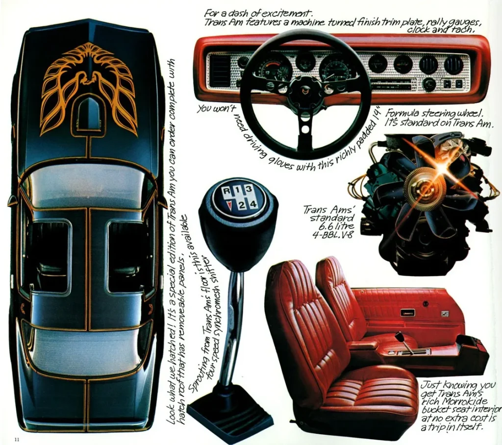 Trans Am 1977 сверху: птица на капоте, салон и руль — страница проспекта Pontiac