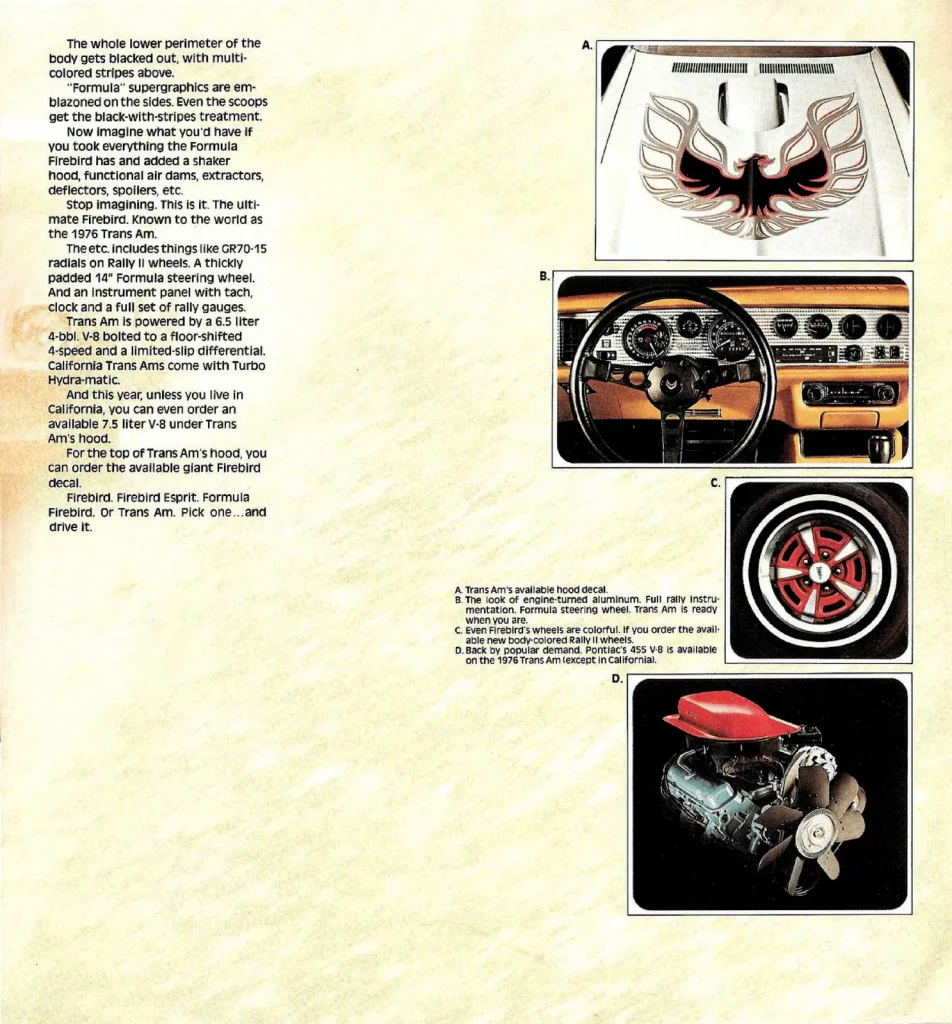 Птица на капоте, приборы и мотор Trans Am 1976 года — страница проспекта Pontiac