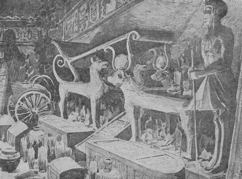 Газетная иллюстрация 1923 года: позолоченные ложа и вещи в передней камере гробницы Тутанхамона