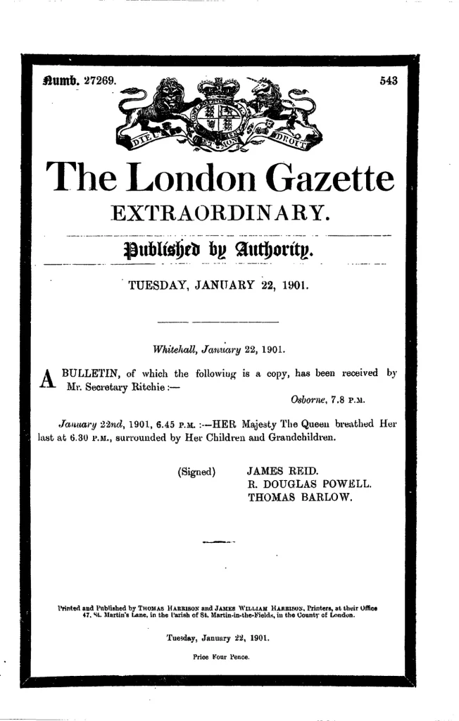 Бюллетень врачей о смерти королевы Виктории в экстренном выпуске London Gazette 22 января 1901 года