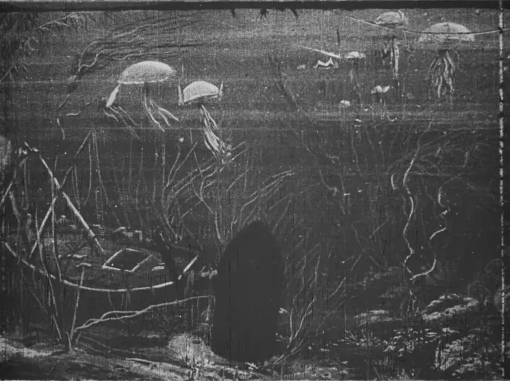 Снаряд на дне океана среди медуз и водорослей, кадр фильма 1902 года