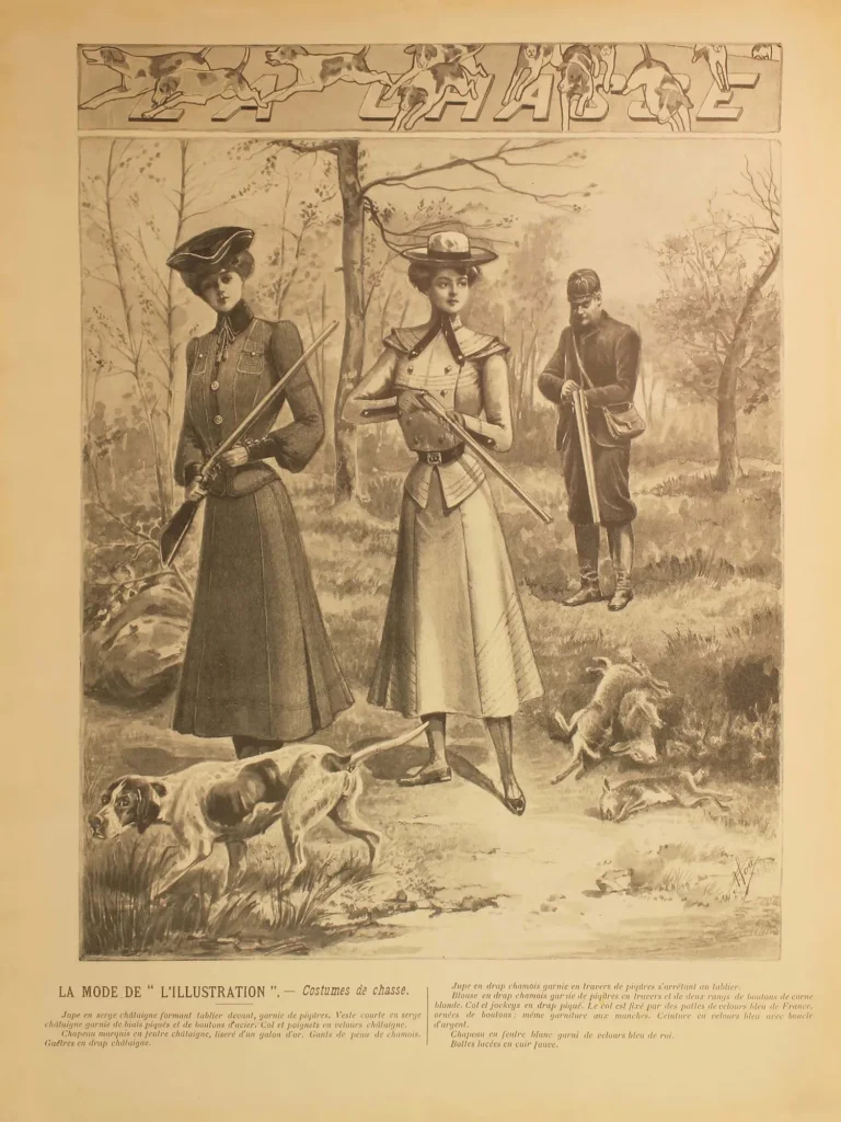 Мода 1902 года: дамские охотничьи костюмы, страница журнала L'Illustration
