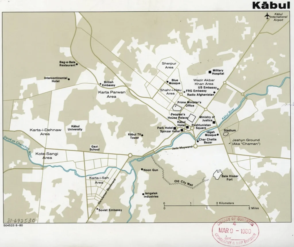 Карта Кабула 1980 года: Дар-уль-Аман, Радио Афганистан, посольство СССР, дорога на Баграм