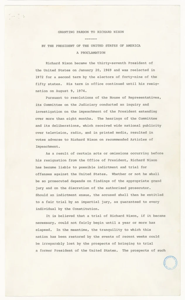 Прокламация № 4311 от 8 сентября 1974 года: Форд милует Никсона