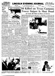 Чарльз Уитмен, техасский снайпер: первая полоса газеты Lincoln Evening Journal 1 августа 1966 года о стрельбе с башни в Остине