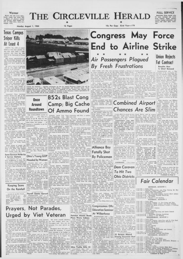 Первая полоса Circleville Herald 1 августа 1966 года с первой сводкой AP о снайпере в Остине