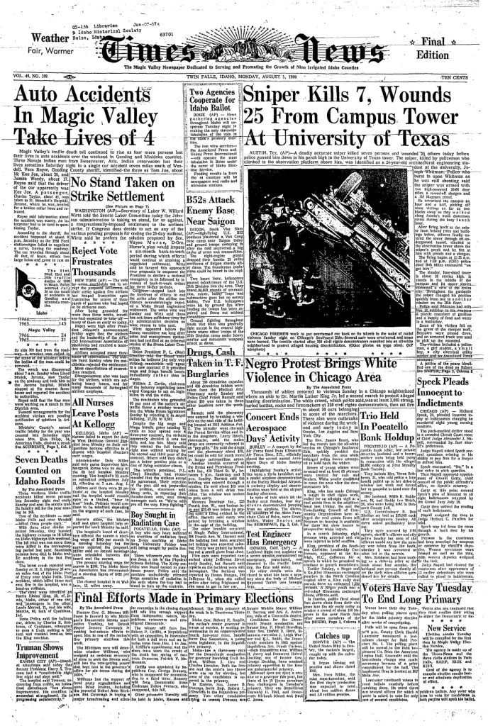 Первая полоса Times-News 1 августа 1966 года: снайпер убил 7 и ранил 25 человек с башни Техасского университета