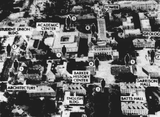 Карта кампуса Техасского университета в газете Brownsville Herald 2 августа 1966 года с местами, где были ранены люди