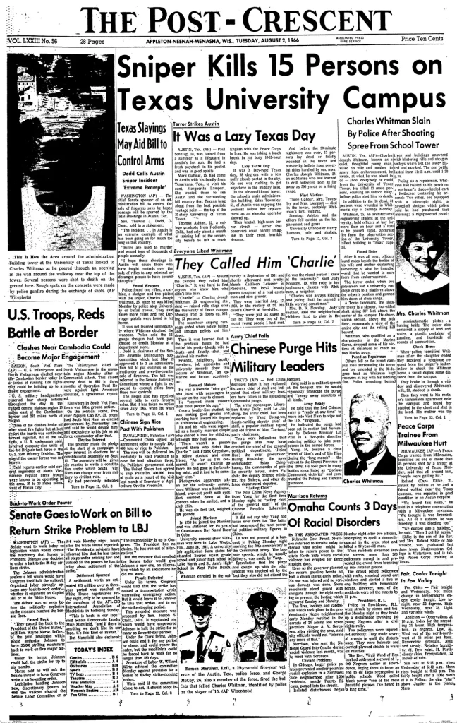 Первая полоса Post-Crescent 2 августа 1966 года с портретами полицейских Рамиро Мартинеса и Хьюстона Маккоя
