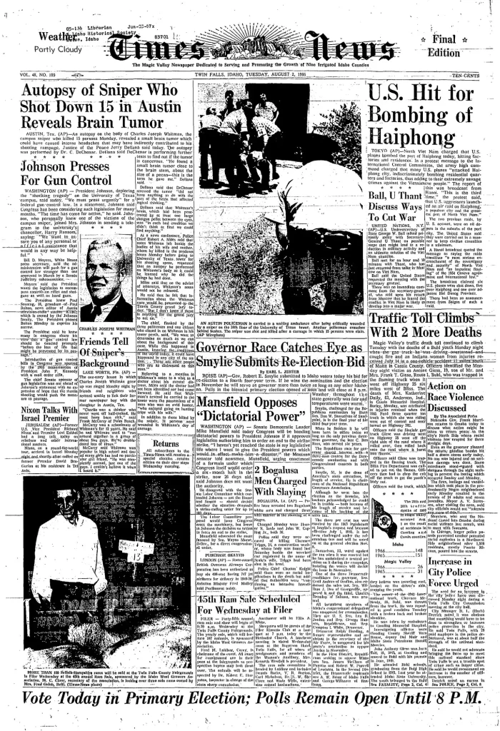 Первая полоса Times-News 2 августа 1966 года: вскрытие снайпера показало опухоль мозга, Джонсон требует контроля над оружием