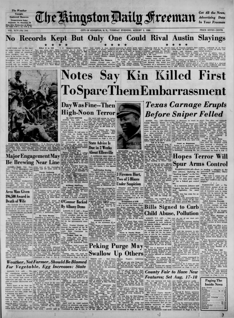 Первая полоса Kingston Daily Freeman 2 августа 1966 года о стрельбе в Остине