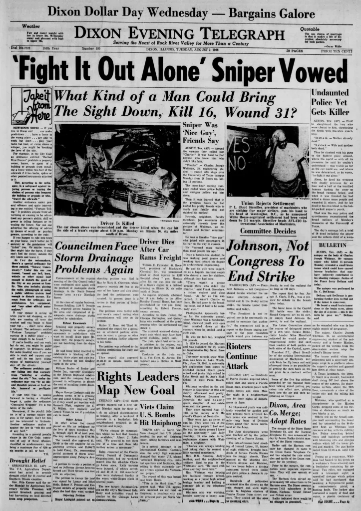 Первая полоса Dixon Evening Telegraph 2 августа 1966 года: записки снайпера из Остина