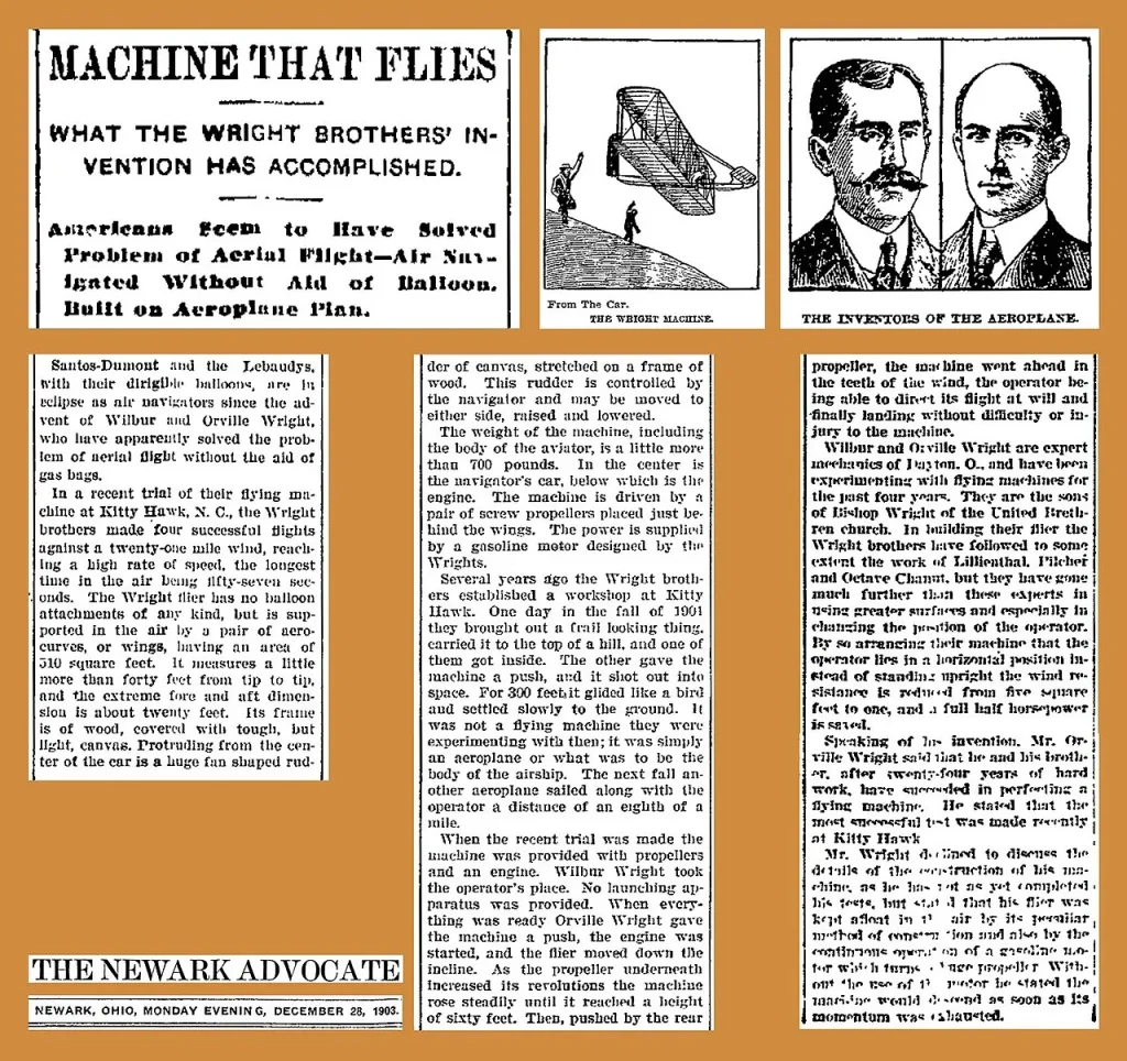 Заметка The Newark Daily Advocate от 28 декабря 1903 года «Машина, которая летает»
